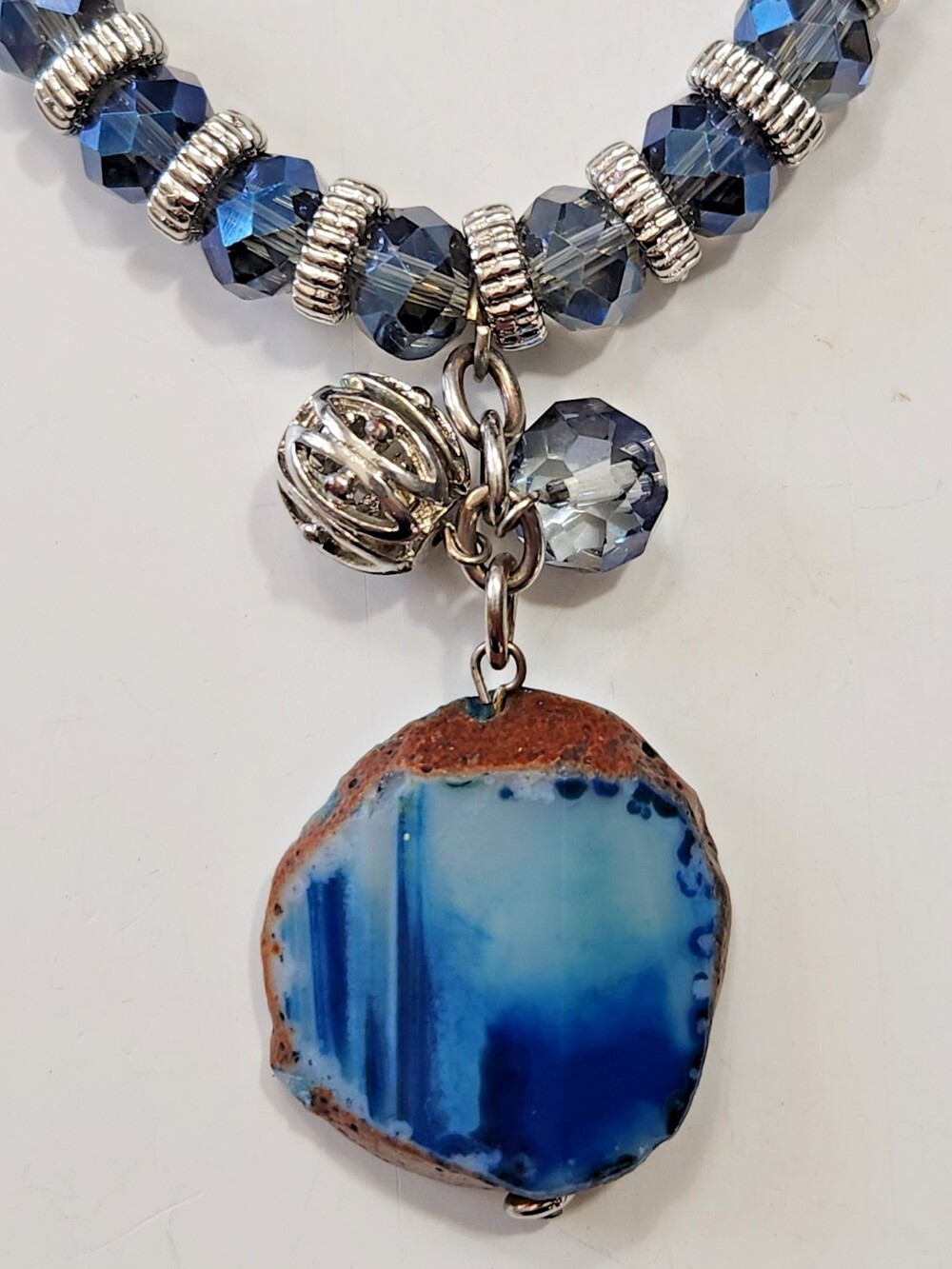 Blue Lace Agate Pendant Necklace Faceted Glass Beads Silvertone Accents Mermaid